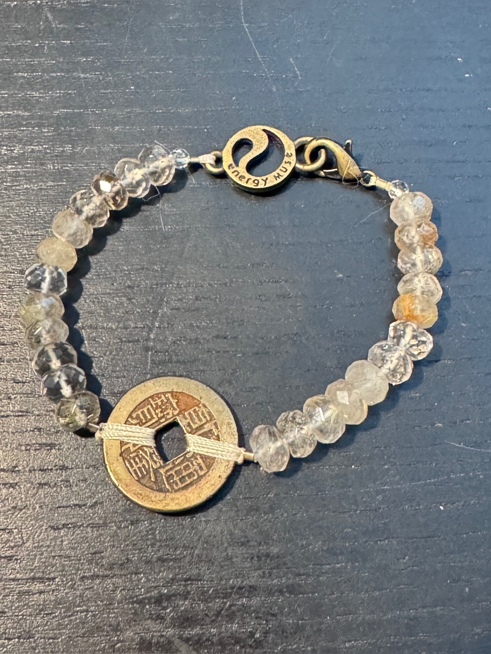 Energy Muse Clear Crystal Bead Bracelet with Gold Coin Charm